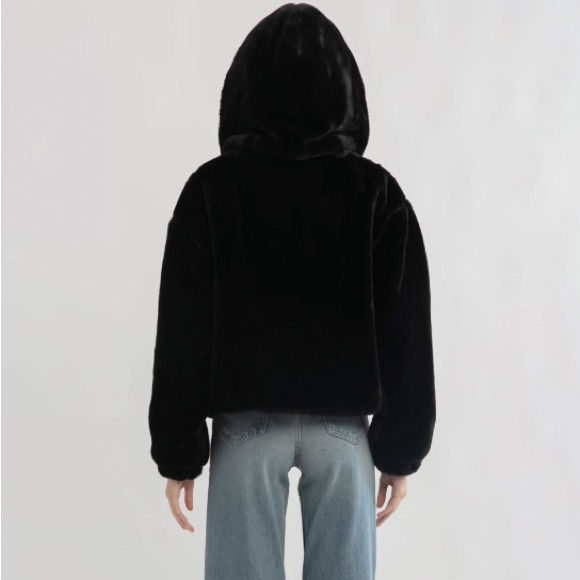 Black Faux Fur Soft Comfy Teddy Bomber Zip Front Hood Winter Jacket Coat OS - Picture 4 of 4